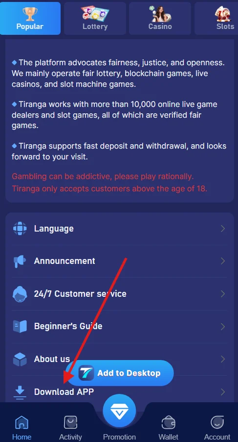 Click on the download app button